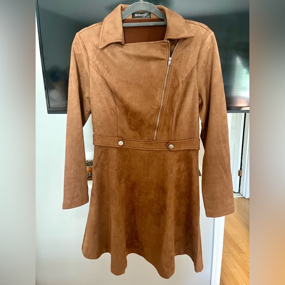 Allegra K Faux Suede Mini Moto Zipper Dress